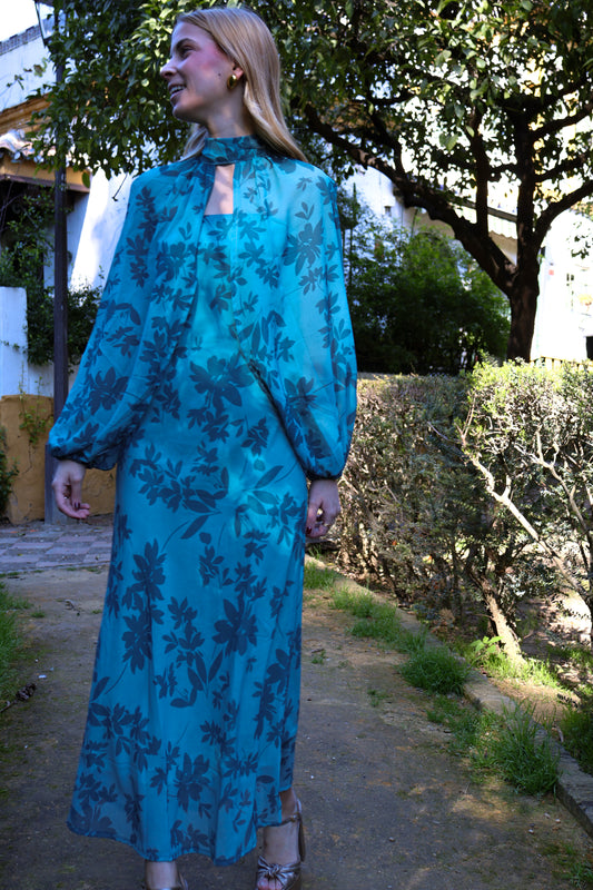 Vestido mangas desmontables estamapado flores turquesa