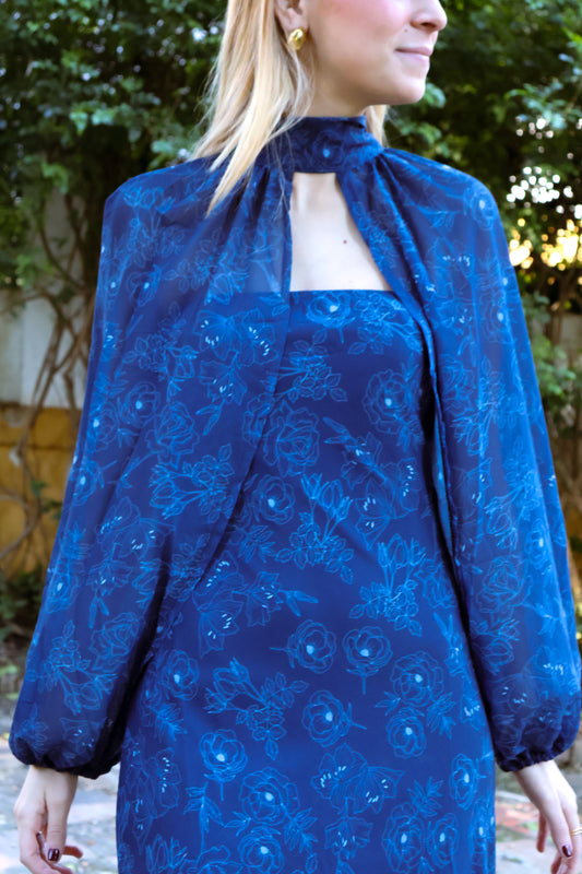 Vestido mangas desmontables estampado flores azul marino