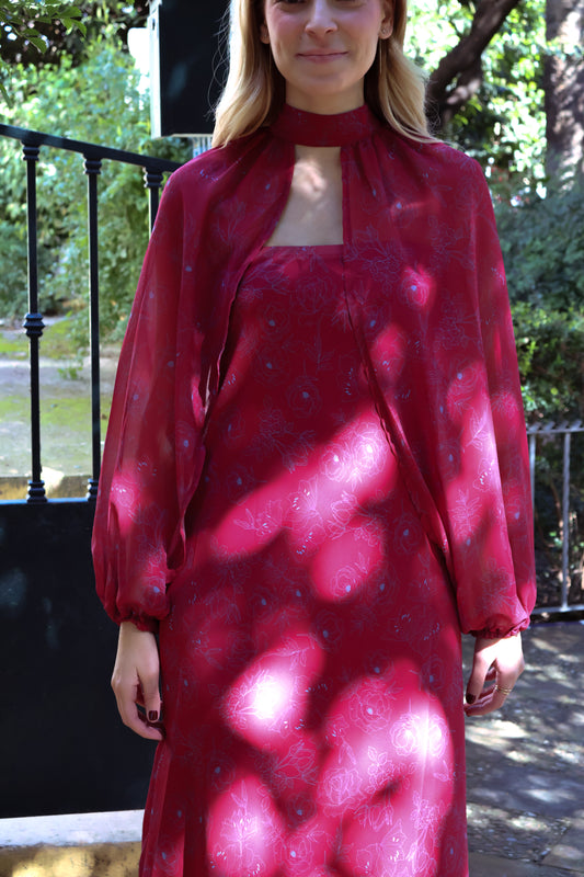 Vestido rojo mangas desmontables estampado flores azulina