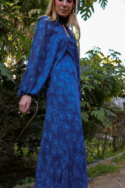 Vestido mangas desmontables estampado flores azul marino