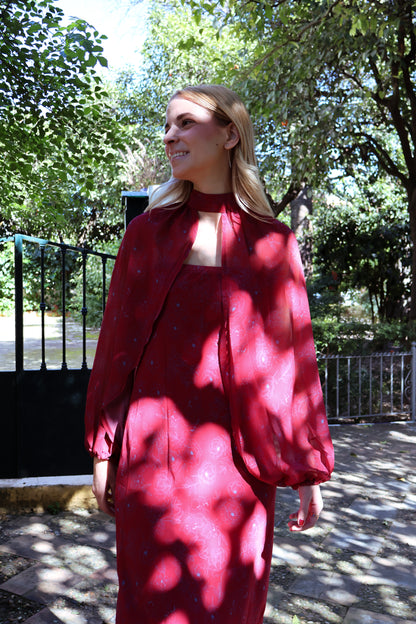 Vestido rojo mangas desmontables estampado flores azulina