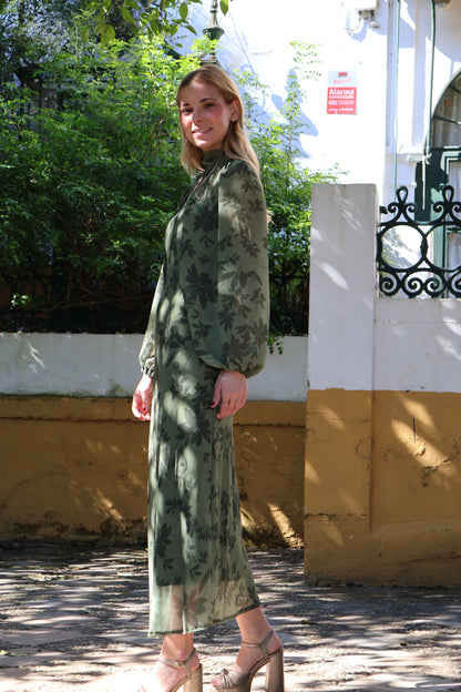 Vestido mangas desmontables estampado floral en verde