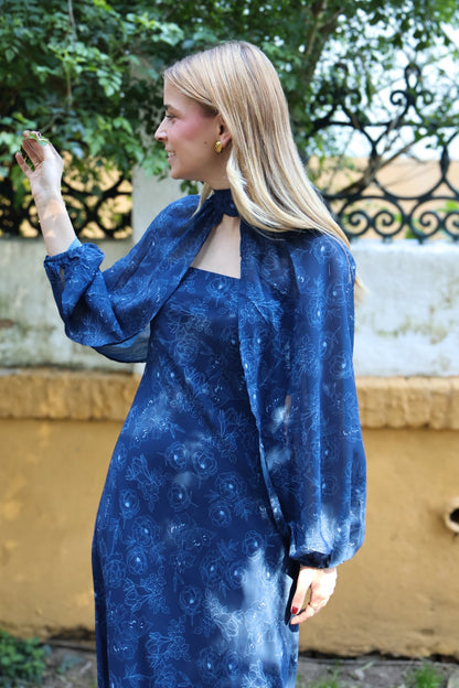 Vestido mangas desmontables estampado flores azul marino