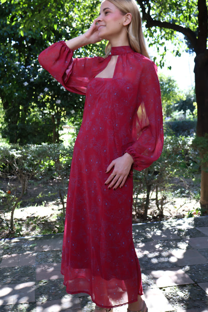 Vestido rojo mangas desmontables estampado flores azulina