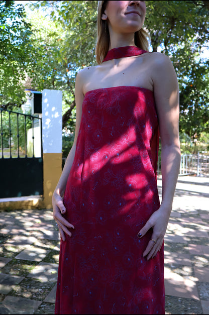Vestido rojo mangas desmontables estampado flores azulina